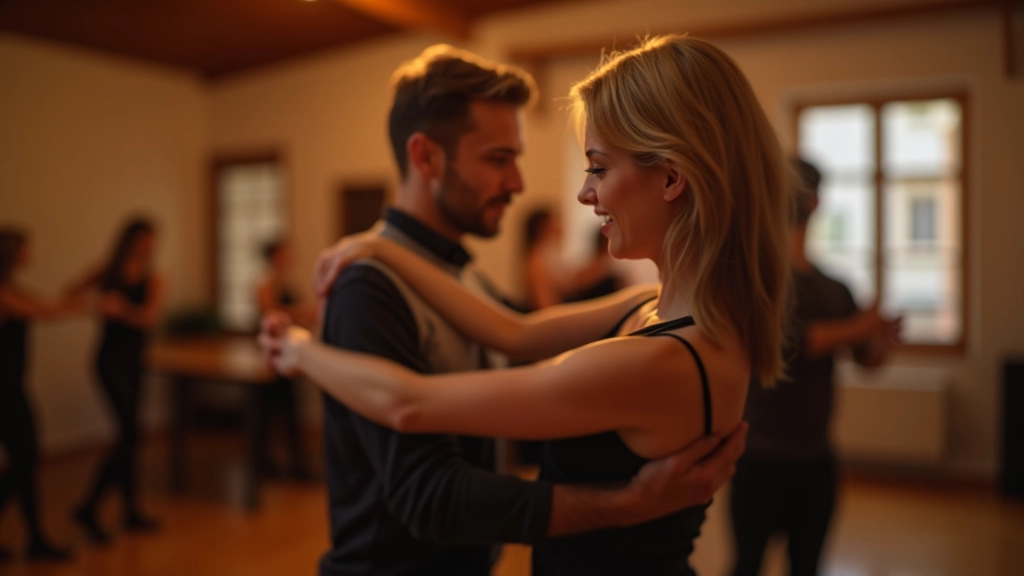 Tanečník instruuje skupinu začátečníků v pozici objektí, všichni jsou v základní bachata pozici